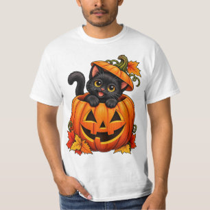 Camiseta Gato Preto Fofo em Abóbora na Temporada Assustador
