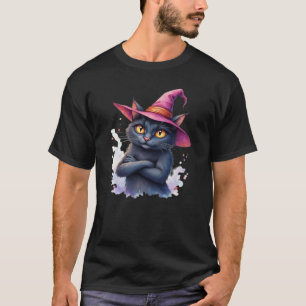 Camiseta Gato Preto Fofo em Chapéu de Bruxa � Arte Mágica d