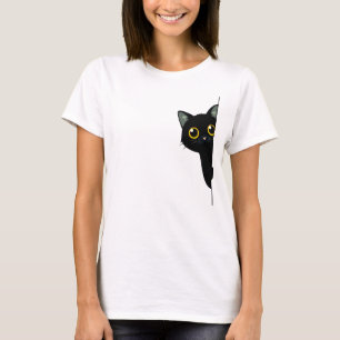 Camiseta Gato Preto Fofo Espiando Atrás da Quina Engraçad