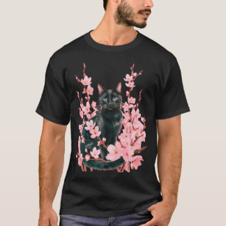 Camiseta Gato Preto Fofo Flor de Cerejeira Japonesa Sakura 