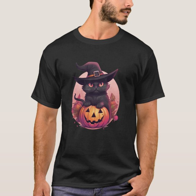 Camiseta Gato Preto Fofo Jack O'Lantern Abóbora Lua Cheia H (Frente)