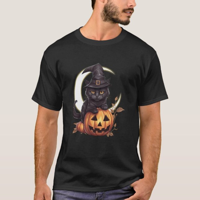 Camiseta Gato Preto Fofo Jack O'Lantern Abóbora Lua Cheia H (Frente)