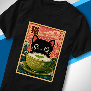 Camiseta Gato Preto Fofo Japonês Kawaii Bebendo Chá Matcha