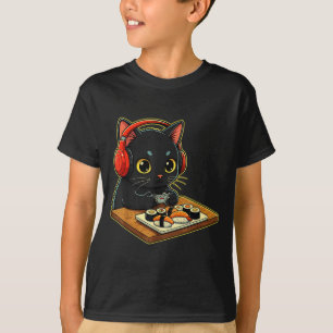 Camiseta Gato Preto Fofo Kawaii Sushi Divertido Japonês Ret