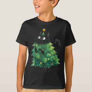 Camiseta Gato Preto Fofo Na Árvore De Natal Amante De Gatos