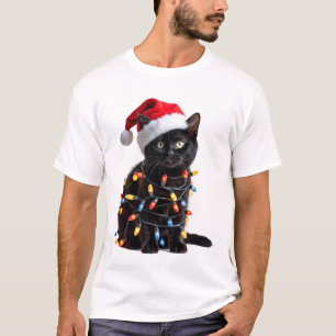 Camiseta Gato Preto Fofo Papai Noel Luzes de Natal Meow Kit