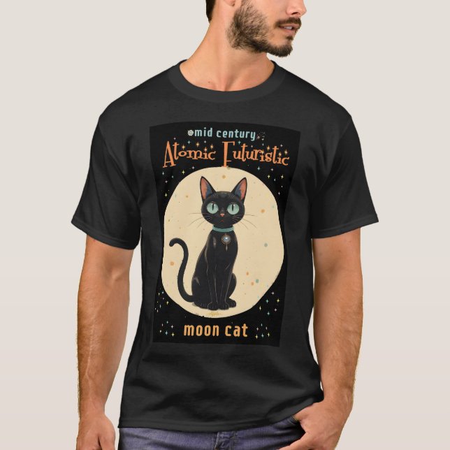 Camiseta Gato Preto Futurista Atômico da Lua com texto (Frente)