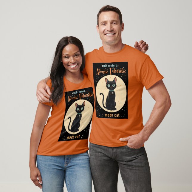 Camiseta Gato Preto Futurista Atômico da Lua com texto (Unissex)