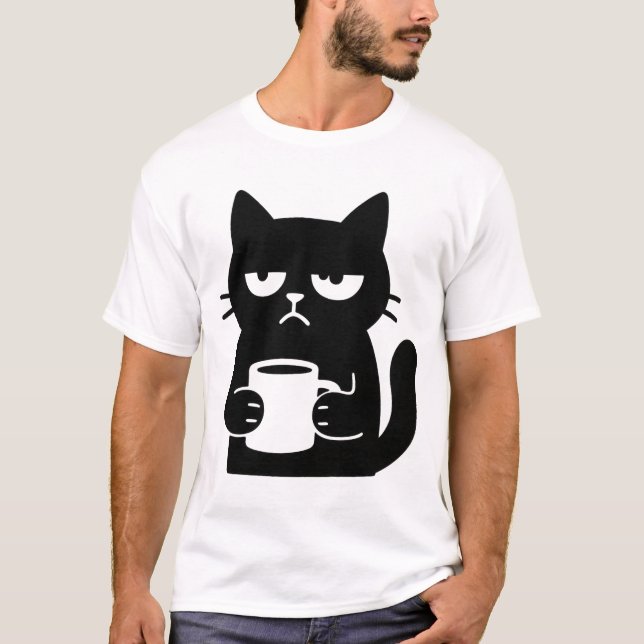 Camiseta Gato Preto Grumado com Café Engraçado (Frente)