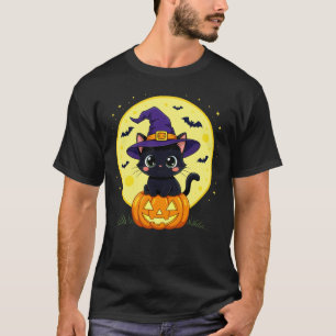 Camiseta Gato Preto Halloween Bruxa Chapéu Abóbora Lua