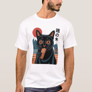 Camiseta Gato preto japonês com Bar doce - Rua de manga ret