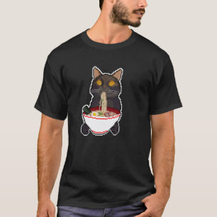 Camiseta Gato Preto Japonês Comendo Ramen Engraçado Estampa