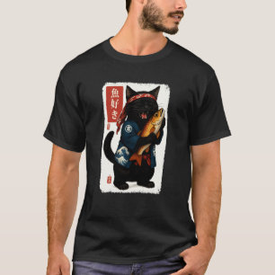 Camiseta Gato Preto Kanji Japonês Peixe Japão Amante de Ani