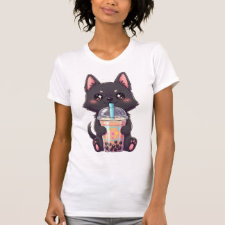 Camiseta Gato Preto Kawaii Bebendo Chá de Boba - Anime Fofo