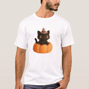Camiseta Gato Preto Kawaii em Abóbora Halloween de Feltro