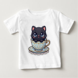 Camiseta Gato Preto Kawaii Fofo em uma Xícara de Chá Floral