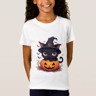 Camiseta Gato Preto Kawaii Segurando Abóbora Halloween 🎃