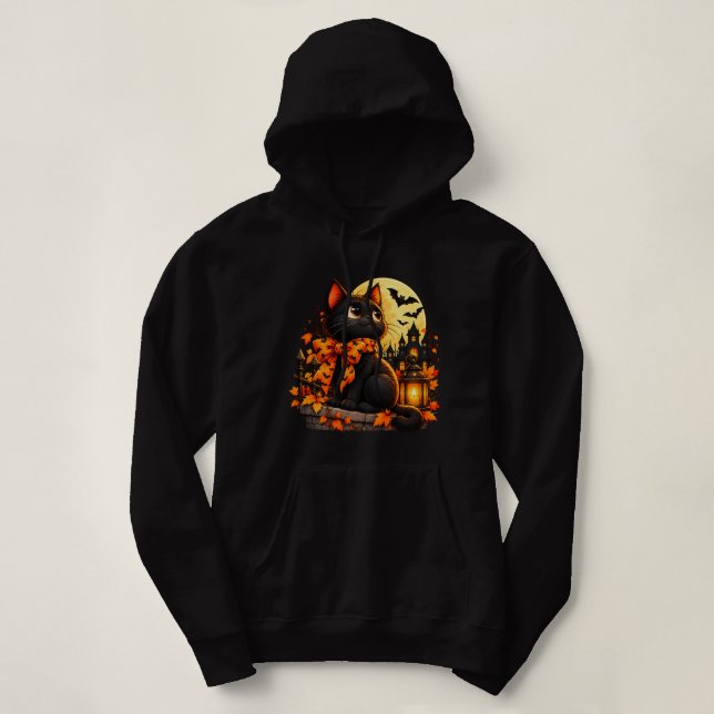 Camiseta Gato Preto Lanterna da Lua no Halloween Fofo (Frente do Design)