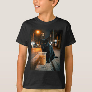 Camiseta Gato preto legal bebendo café gelado animal engraç
