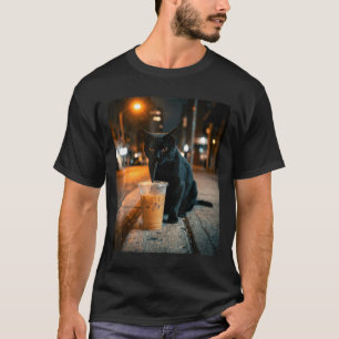 Camiseta Gato preto legal bebendo café gelado animal engraç
