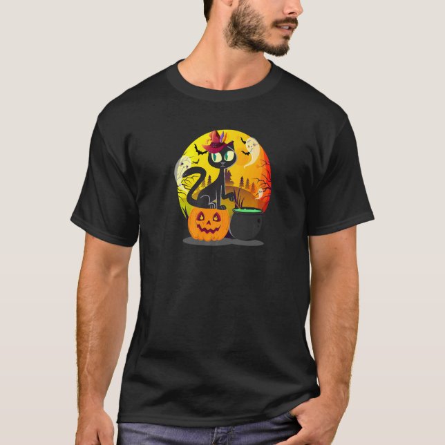 Camiseta Gato Preto Lua Cheia com Chapéu de Bruxa Fantasia  (Frente)