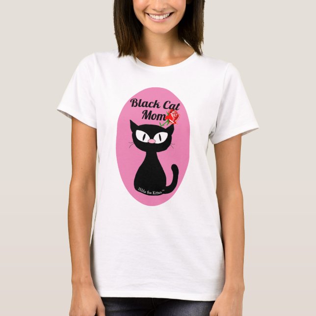 Camiseta Gato Preto Mãe de Cartoon Bonito Gato Preto com Ro (Frente)