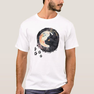 Camiseta Gato Preto Místico e Arte com Aquarela Plena