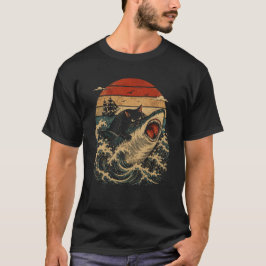 Camiseta Gato Preto Montando Tubarão Feroz