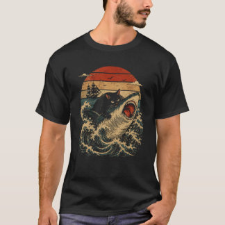 Camiseta Gato Preto Montando Tubarão Feroz