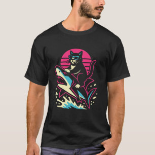 Camiseta Gato Preto Montando Tubarão Retro Vaporwave