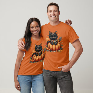 Camiseta Gato Preto na Abóbora com Padrão de Inclinação de 