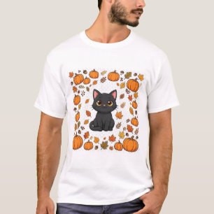 Camiseta Gato Preto no Campo de Abóboras Arte Fofa de Hallo