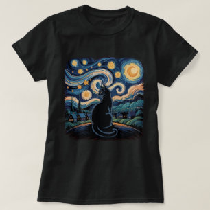 Camiseta Gato Preto Noite Estrelada Céu Arte Rodopio