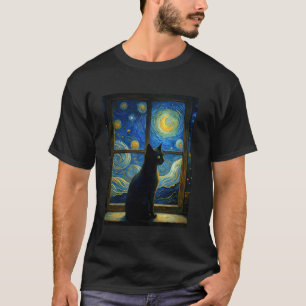 Camiseta Gato Preto Noite Estrelada Janela Van Gogh Arte Ga
