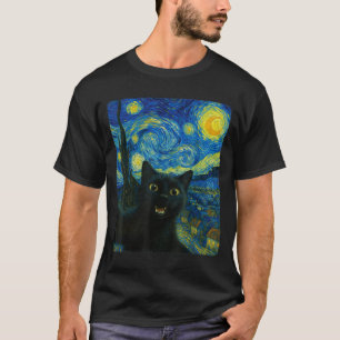 Camiseta Gato Preto Noite Estrelada Van Gogh Gato Selfie Mã