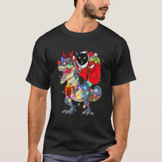 Camiseta Gato Preto Papai Noel Montando Dinossauro rex Nata