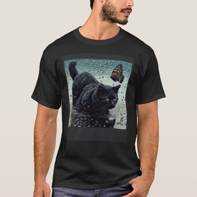 Camiseta Gato Preto Pescando Borboleta (Frente)