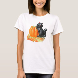 Camiseta Gato preto que inclina-se em uma abóbora