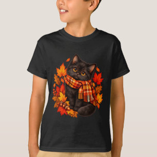 Camiseta Gato preto queda cachecol folhas de outono hallowe