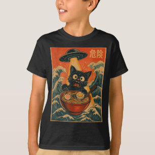 Camiseta Gato Preto Ramen Alien Ufo Divertido Japonês Kawai