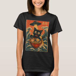 Camiseta Gato Preto Ramen Alien Ufo Divertido Japonês Kawai