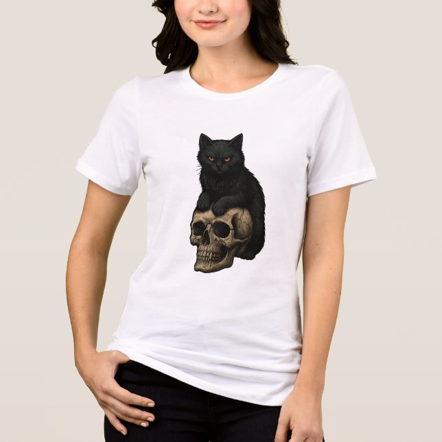 Camiseta Gato preto retrô e crânio (Frente)