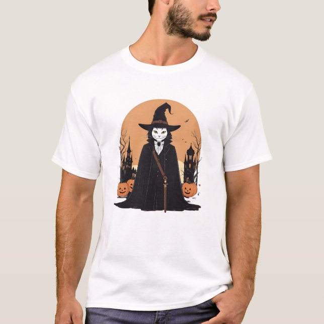Camiseta Gato Preto Salem Místico com Pumpkins (Frente)