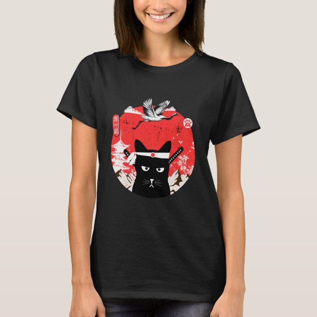 Camiseta Gato preto Samurai japonês Vintage (Frente)
