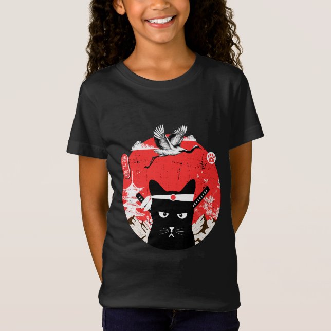 Camiseta Gato preto Samurai japonês Vintage (Frente)