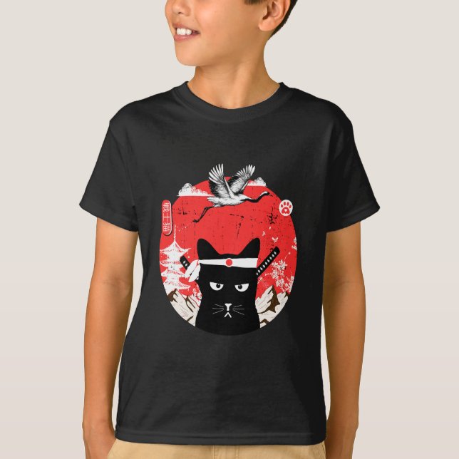 Camiseta Gato preto Samurai japonês Vintage (Frente)