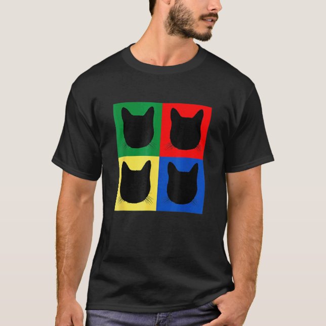 Camiseta Gato Preto Silhueta da Cabeça Cores Primárias  Lis (Frente)