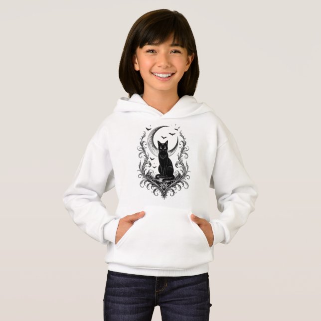Camiseta Gato Preto Sob Design Gótico e Mágico de Lua (Frente Completa)