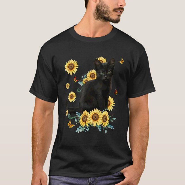 Camiseta Gato Preto Sol Girassol Flor Gato Sol (Frente)