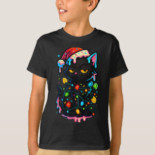 Camiseta Gato Preto Sorvete de Natal Chapéu de Papai Noel D